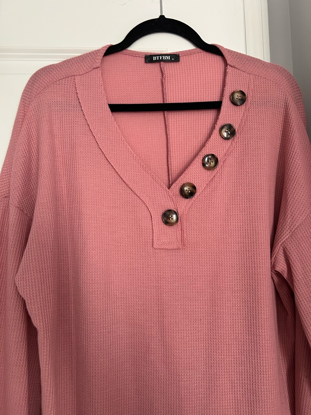 BTFBM Pink Button-Accent Waffle Knit Women's Top